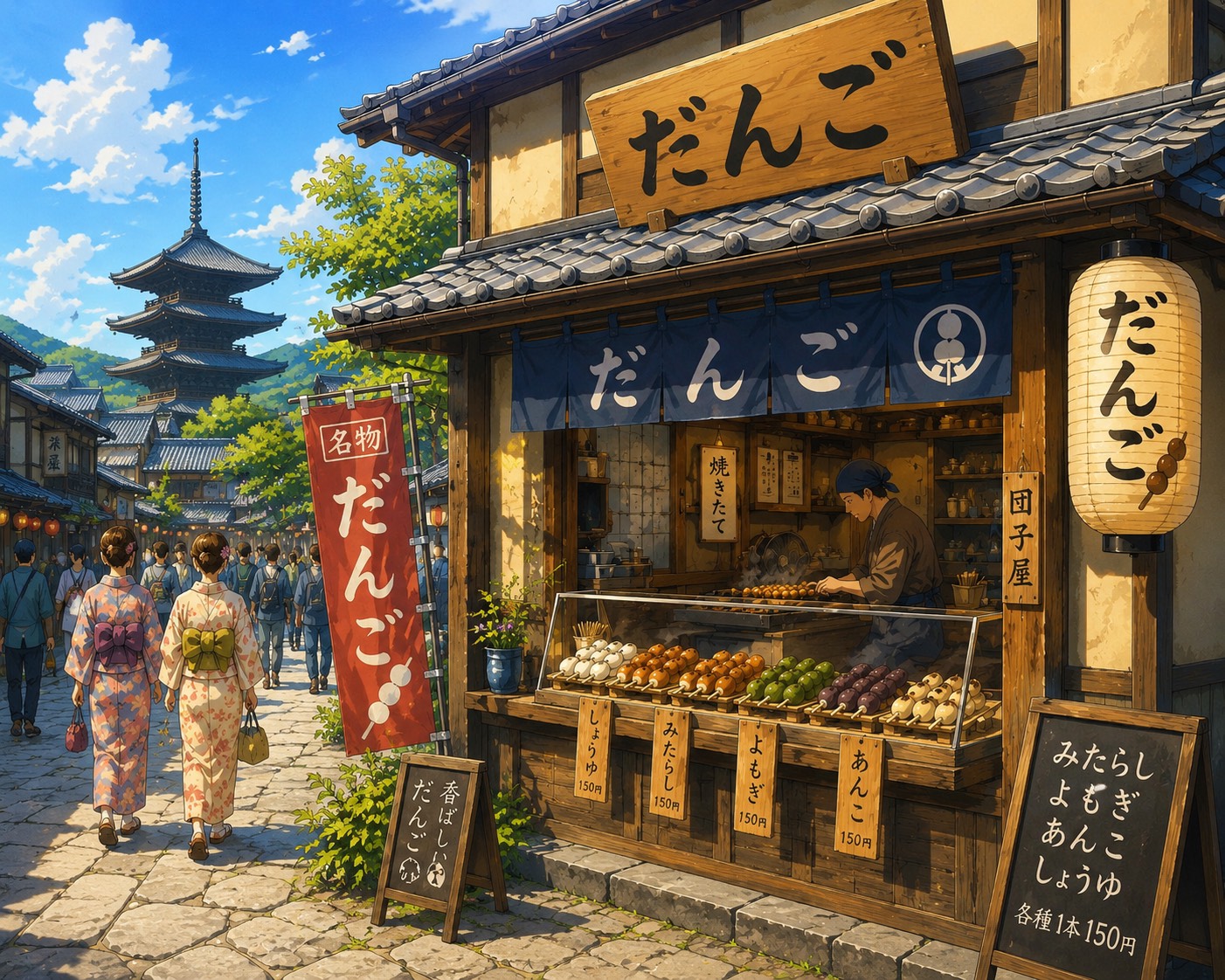 観光地の街並みに並ぶ団子の店先